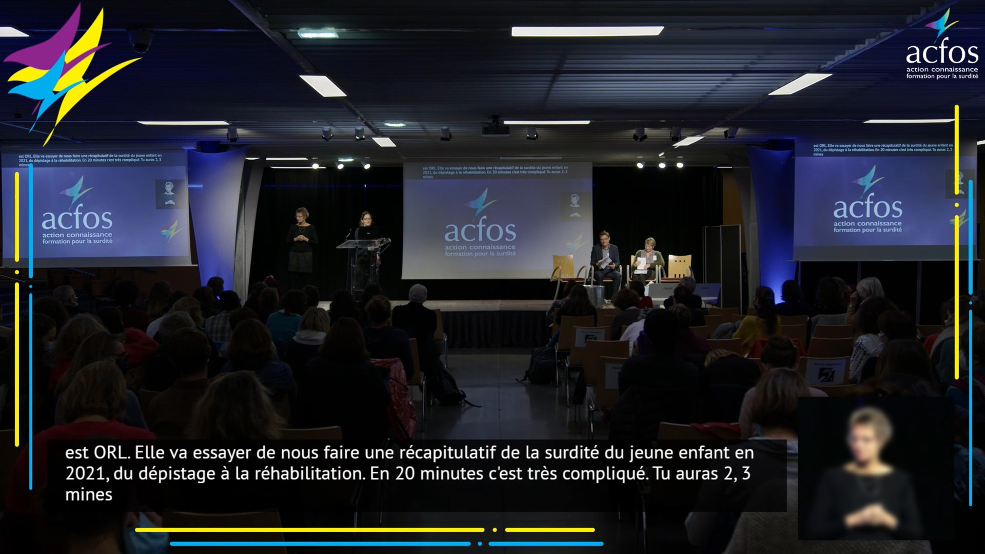 Colloque ACFOS, événement en live en présentiel et en ligne avec LSF et vélotypie. Technique réalisée par l'Agence Ouverture